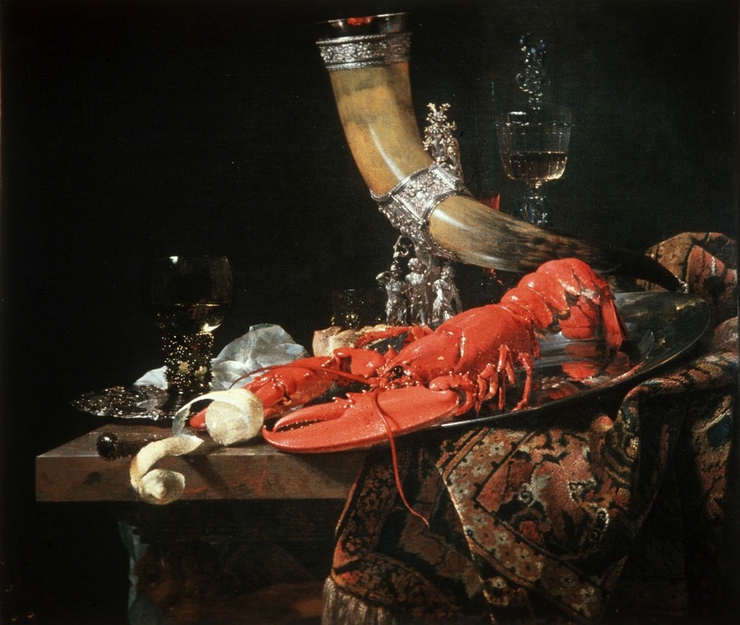 Виллем Кальф, Натюрморт с питьевым рогом, лобстером и бокалами, 1653. 