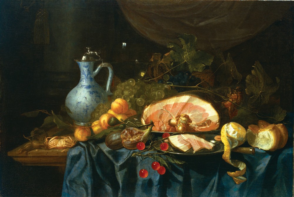 Хем Ян Давидс де, Натюрморт с окороком, кувшином и фруктами.