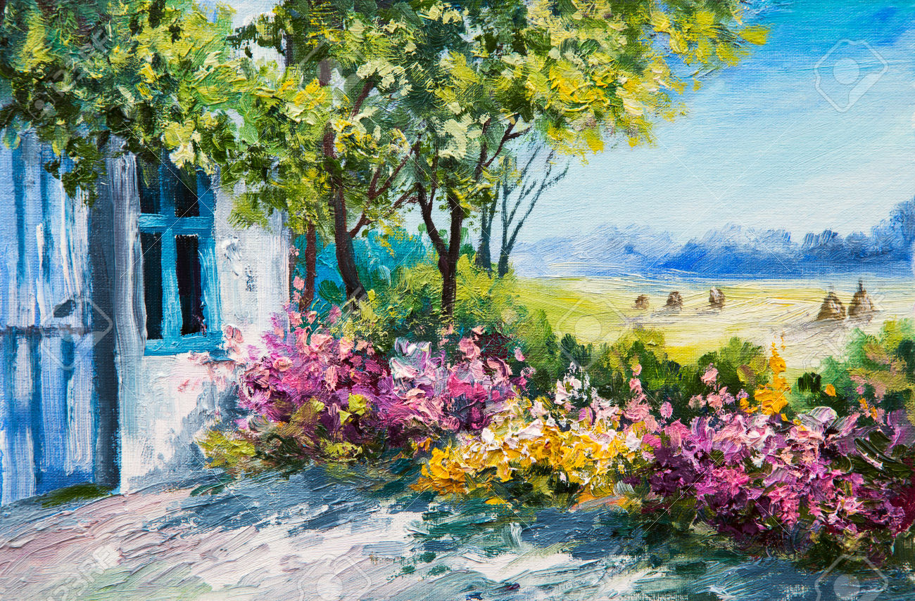 oil painting landscape - garden near the house, colorful flowers