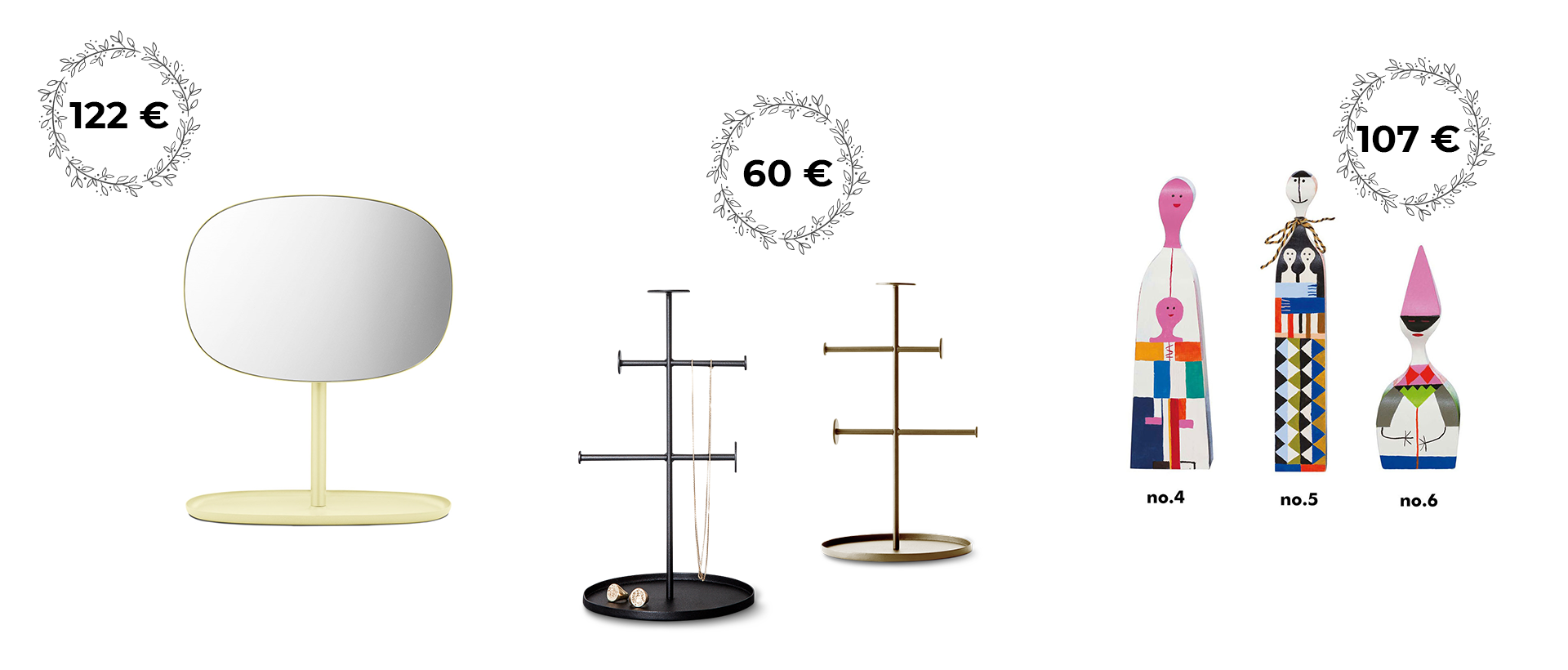 1. Зеркало FLIP, NORMANN-COPENHAGEN. 2. Подставка для украшенйи NORM COLLECTOR, MENU. 3. Куклы WOODEN DOLL, VITRA.