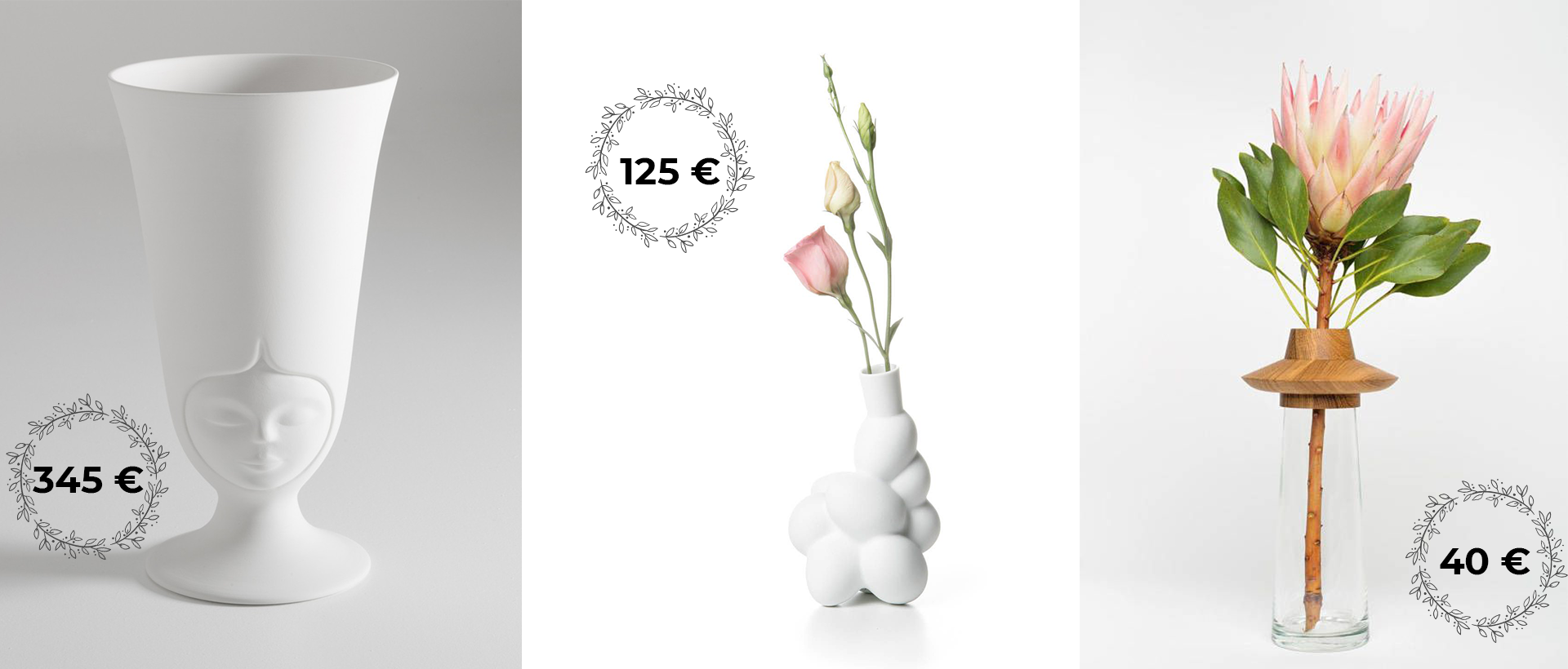 1. Ваза BOSA SISTER CLARA. 2. Ваза EGG VASE, MOOOI. 3. Ваза Ufological, FAJNO DESIGN.